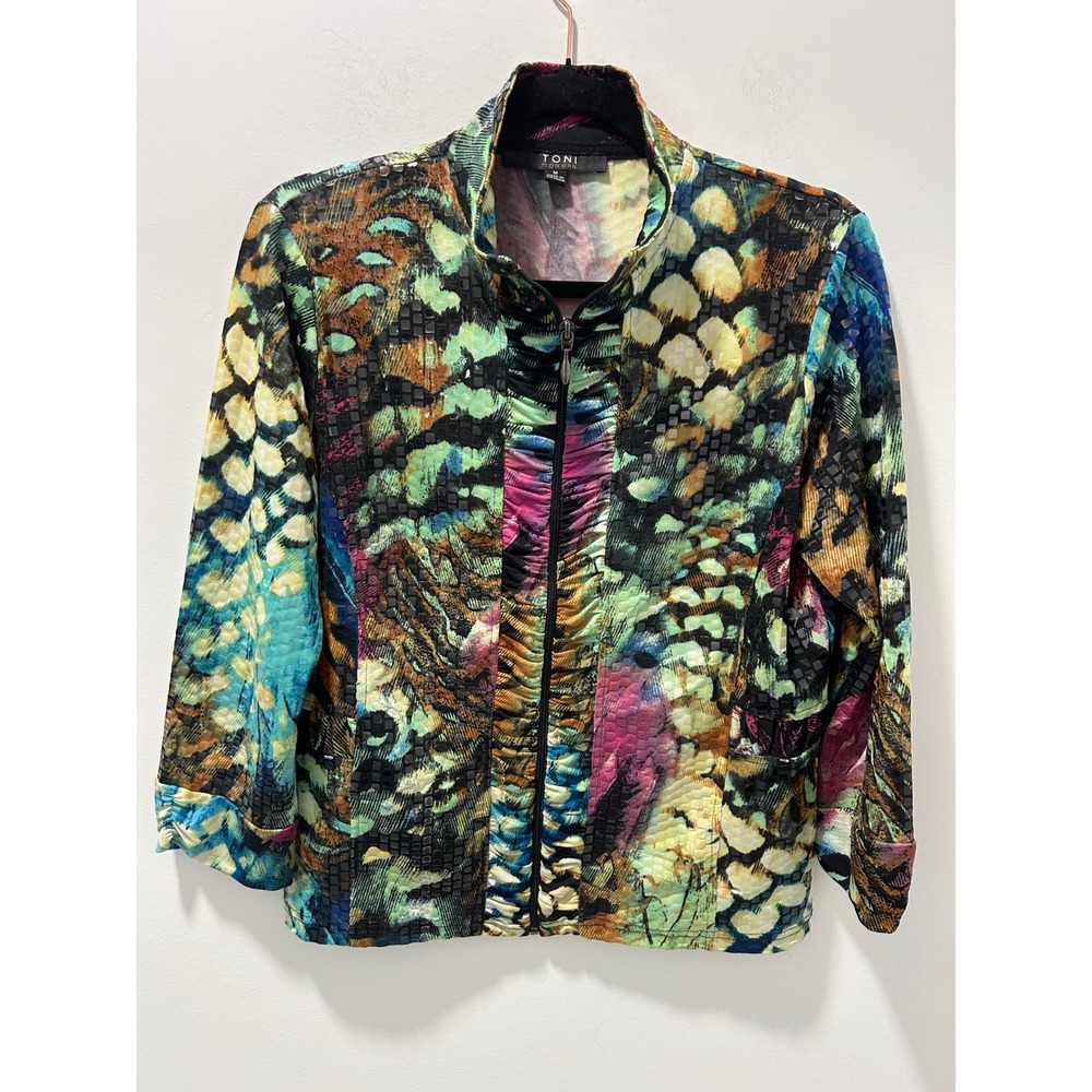 Toni Morgan Women Multi Color Abstract Animal Print Zip Up Ruched Jacket Medium